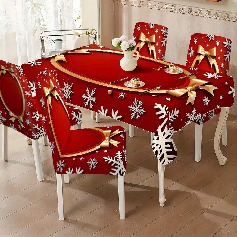 Tablecloth and chair set, 5pcs/7pcs, includes four chair covers and one tablecloth (7pcs) or six chair covers and one tablecloth, high-end design with simple style, Golden round border, snowflake and bow pattern decoration, s