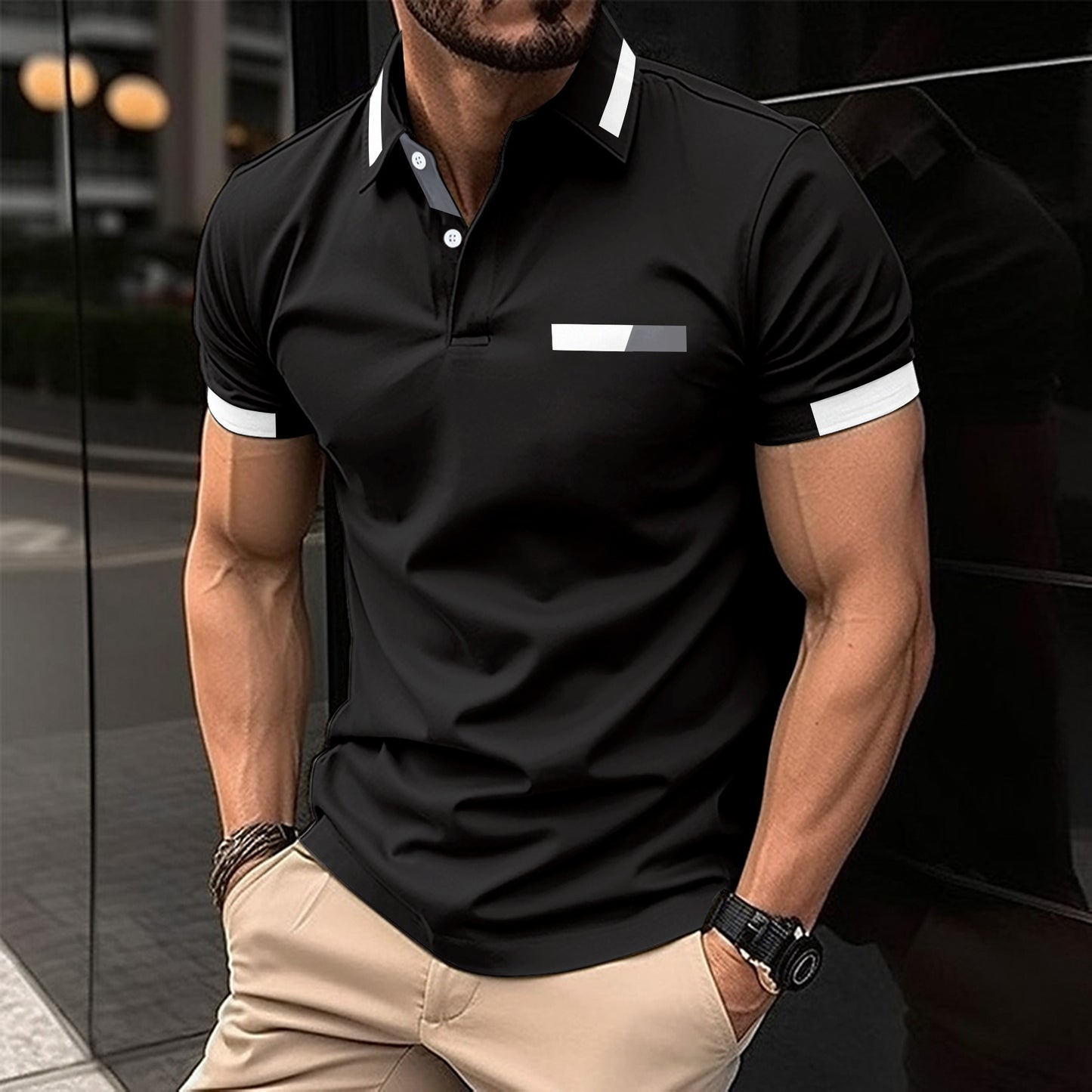 Polo décontracté pour homme, fausse poche poitrine, revers boutonné, style business