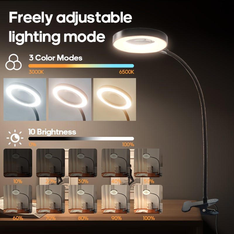 Lampe de bureau LED loupe intégrée (1 pièce), lampe à pince LED, 3 modes d'éclairage