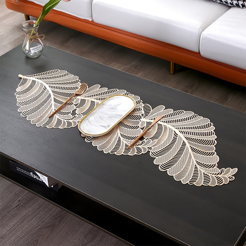 Leaf-Shaped PVC Hollow-Out Golden Stamping Non-Slip Table Runner - Decorative Plastic Table Runner 1pc for Dining and Coffee Table - Topdecheztop.fr
