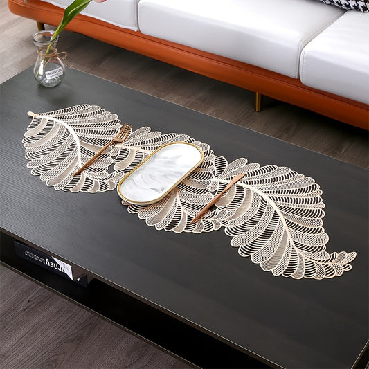 Leaf-Shaped PVC Hollow-Out Golden Stamping Non-Slip Table Runner - Decorative Plastic Table Runner 1pc for Dining and Coffee Table - Topdecheztop.fr