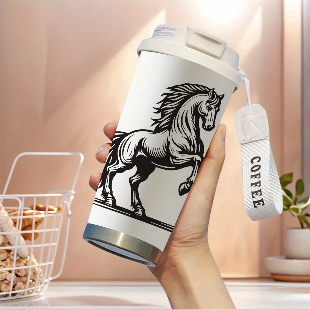 Mug élégant à motif cheval au galop (1 pièce) - Tasse à café isotherme à double paroi en acier inoxydable 316 de 500 ml avec couvercle étanche