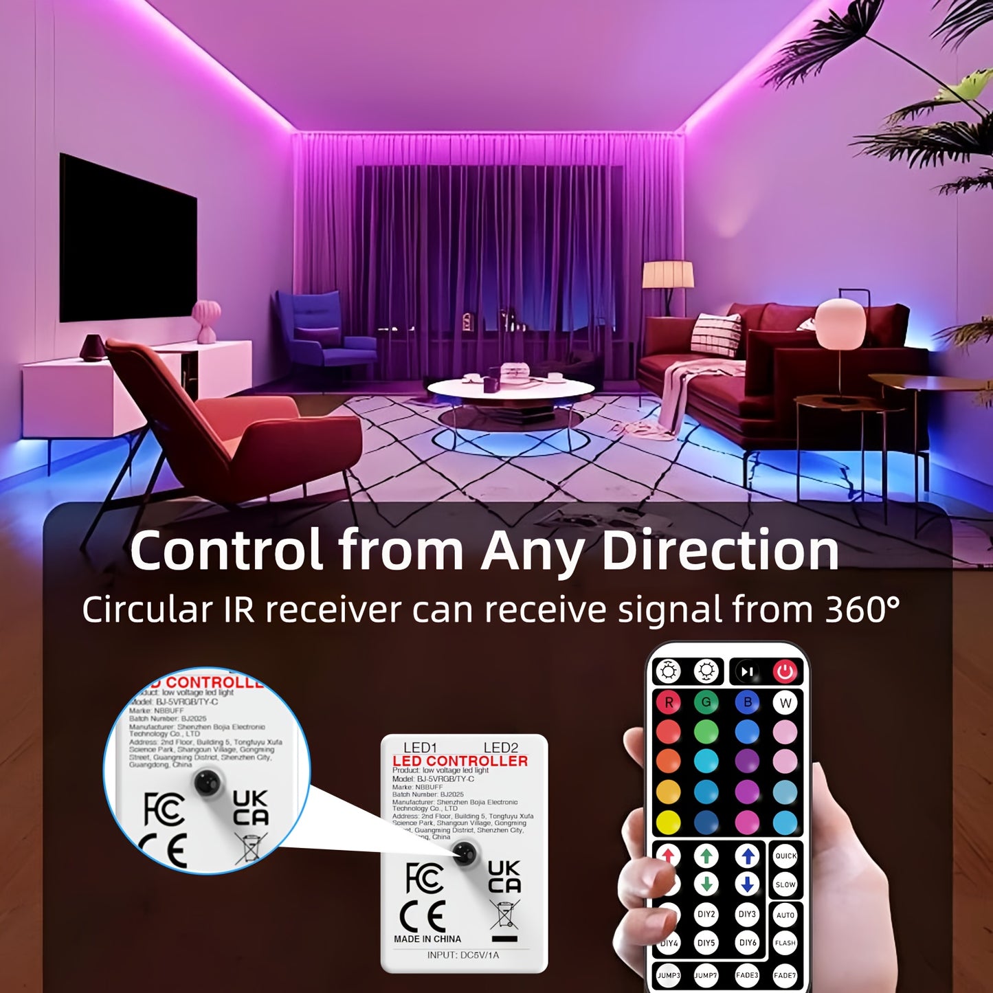 Bande LED RGB de 1 à 30 m pour chambre, avec télécommande 44 touches