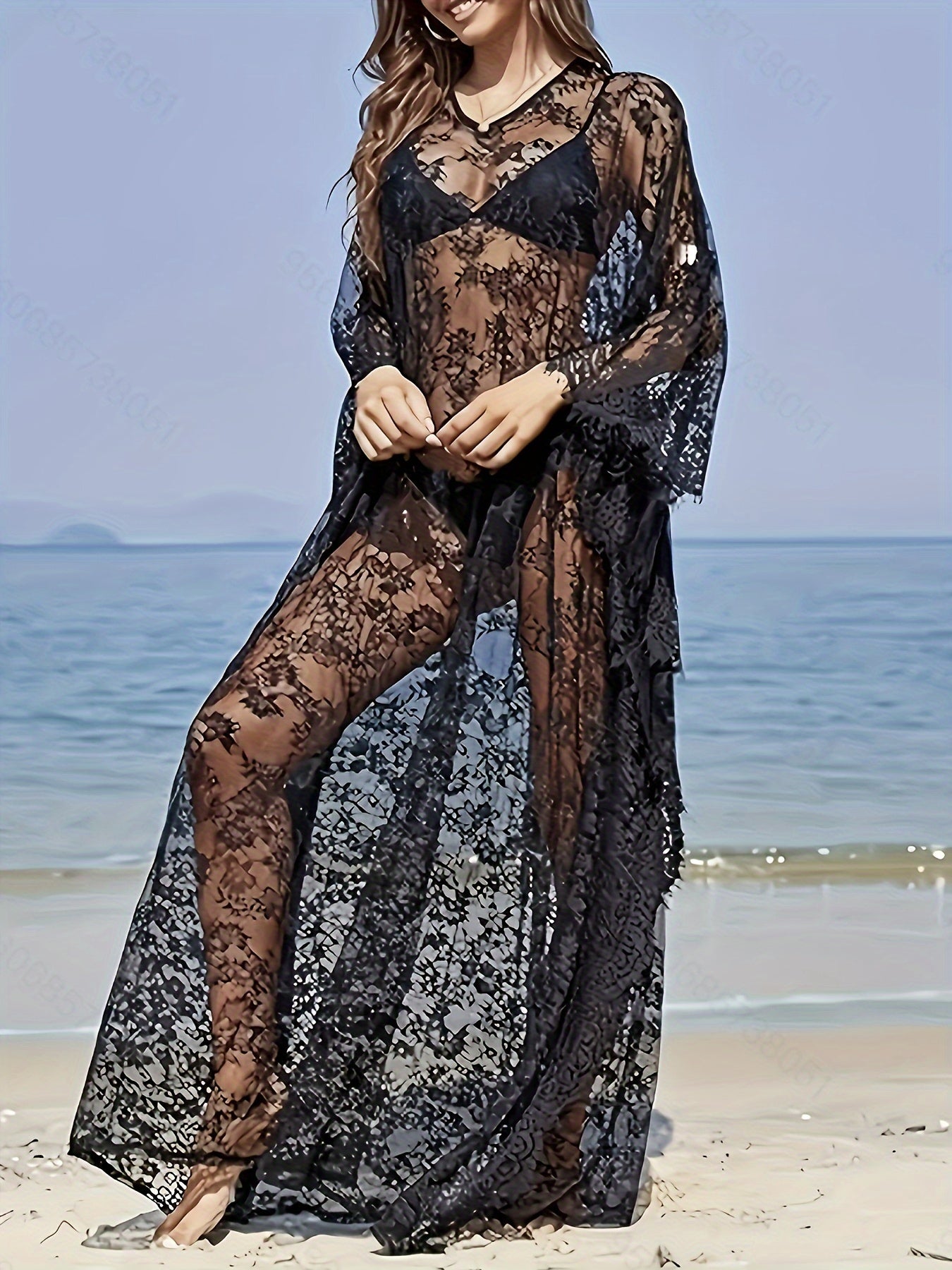 Robe longue semi-transparente en dentelle de luxe grande taille