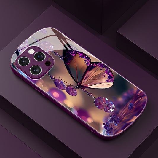 Coque en verre trempé avec pendentif papillon en cristal violet pour iPhone - Topdecheztop.fr