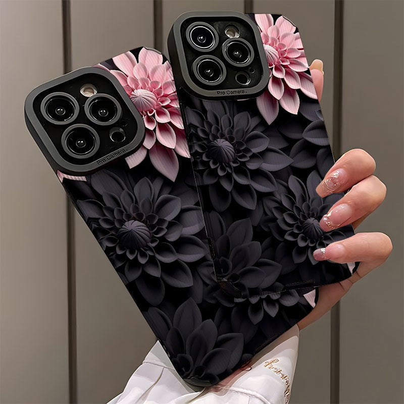Coque de téléphone à motif floral 3D rose et noir pour les modèles d'iPhone
