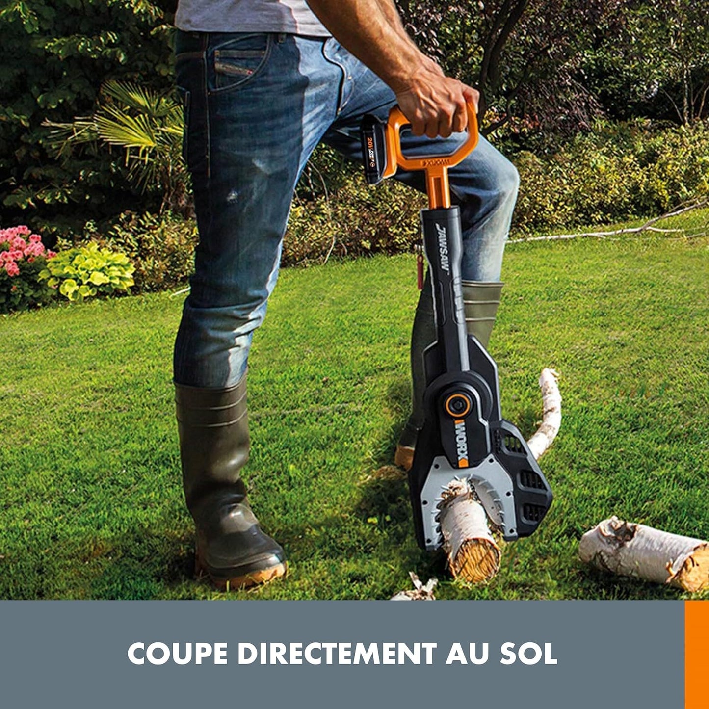 WORX Élagueuse, Tronçonneuse à Chaîne sans Fil 20V WG329E.9, Guide de 15 cm, Tension et Lubrification Automatiques, Assure des Coupes en toute Sécurité au Sol, Livrée sans batterie ni chargeur