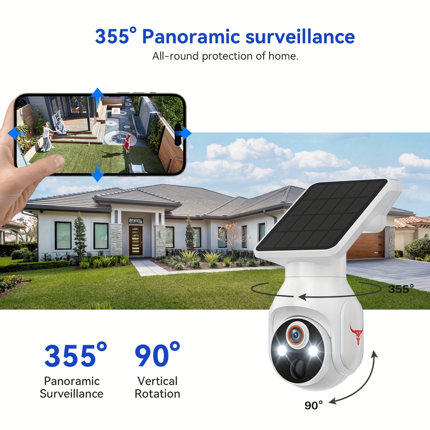 Caméra de sécurité extérieure sans fil avec panneau solaire, caméra WiFi pour la sécurité de votre domicile avec vision nocturne couleur 1080p