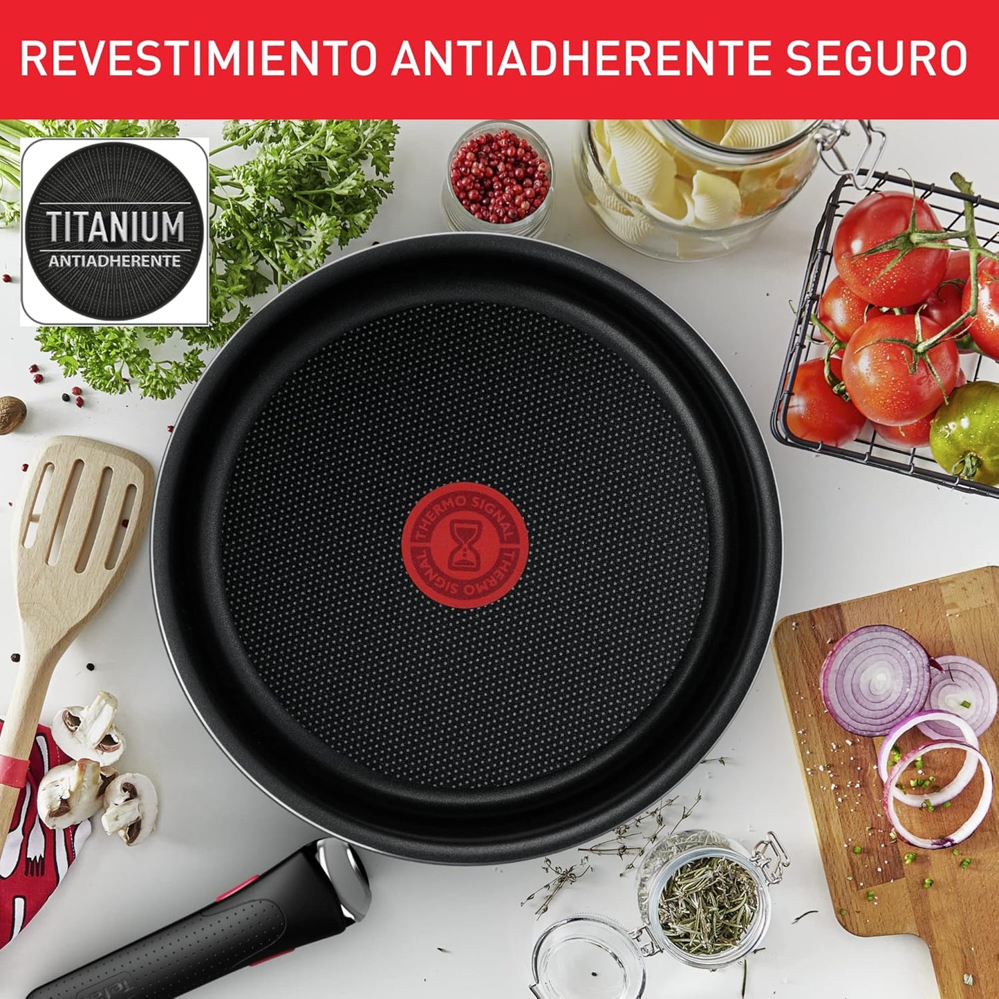 Tefal Ingenio Easy On Lot de 3 poêles de 22/24/26 cm, antiadhésifs, revêtement titane, thermosignal, poignée amovible, passe au lave-vaisselle et au four, ne convient pas à induction.