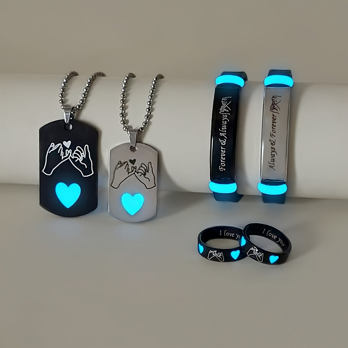 Ensemble de 6 PCS lumineux en forme de cœur, colliers, bracelets et bagues en acier inoxydable pour couples
