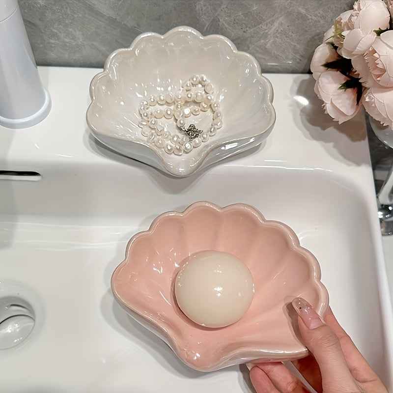 Light Luxury Bathroom Soap Dish, Shell Soap Holder with Drainage System for Creative Sink Organization and Storage, Space-Saving Bath Accessory Organizer, Multi-Functional Soap Dispenser and Sponge Caddy, Decorative Shower Sh
