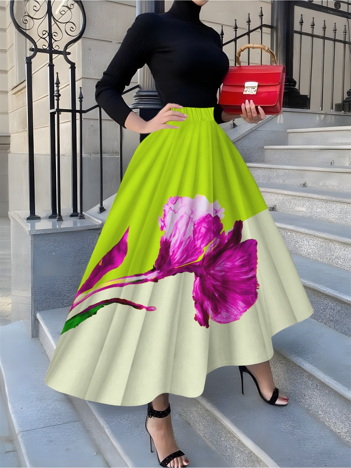 Jupe mi-longue élégante pour femme, imprimée de fleurs et d'orchidées roses