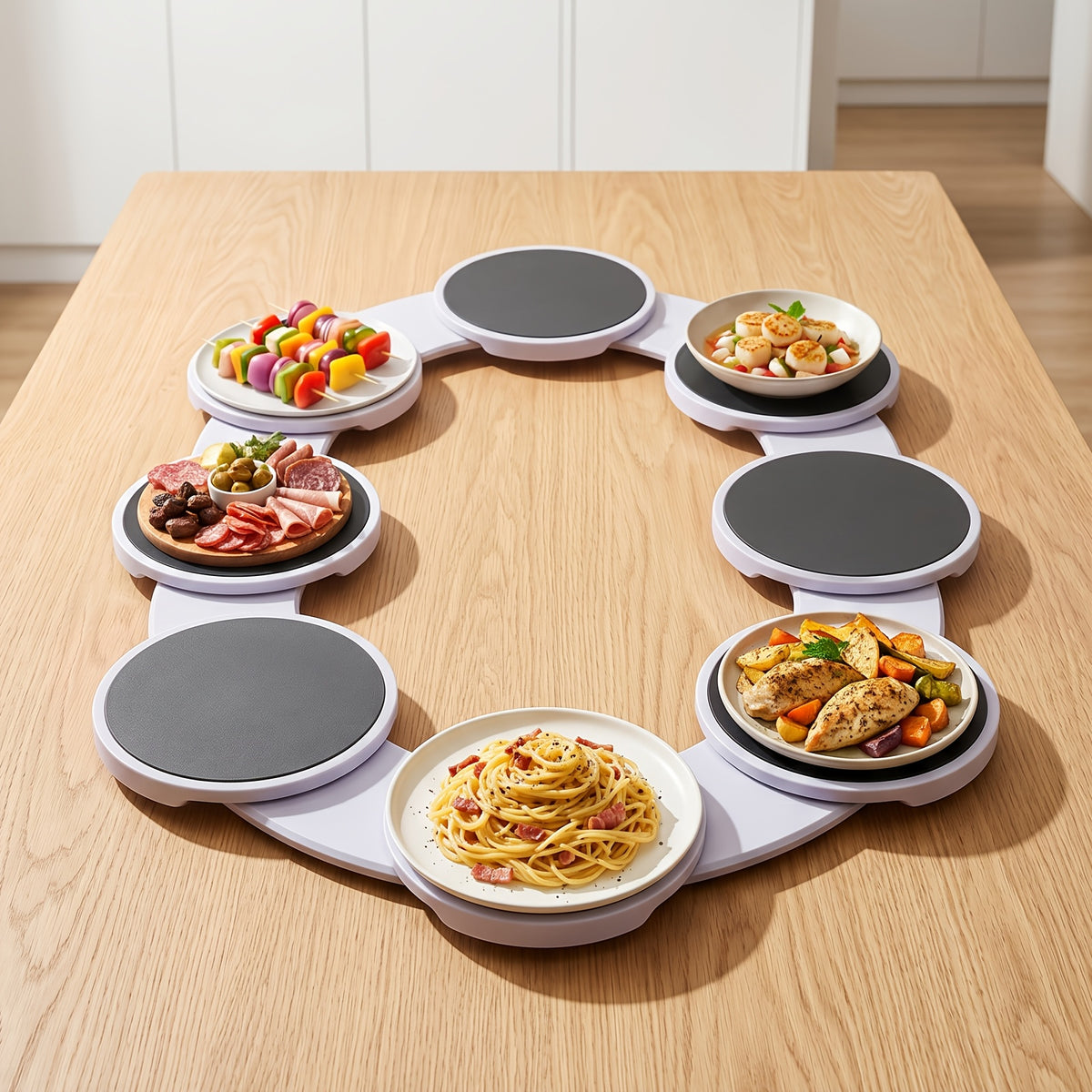 Plateau tournant rotatif extensible, plateau de service déformable à 8 compartiments et extension à une traction qui convient aux tables rondes, ovales et rectangulaires, grande capacité pour plusieurs tables, installation rapide et rangement facile, pour les banquets et fêtes de famille