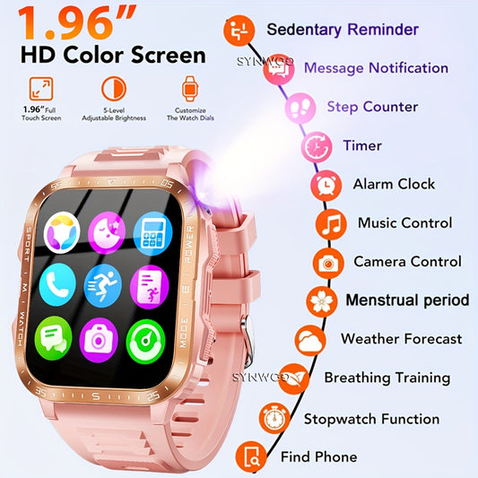 Montre connectée Synwoo pour femme, rose, à écran tactile, avec lampe torche LED
