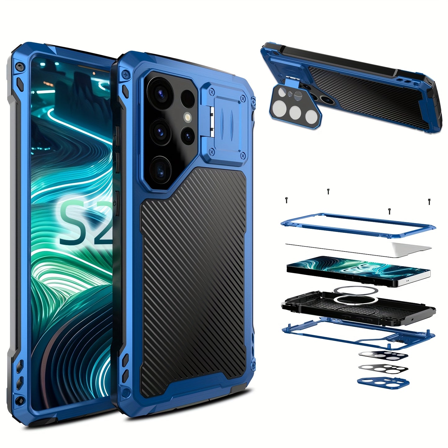 Phone case: for  S24 S23 Ultra armor metal magnetic phone case heavy duty shockproof aluminum cover screen protector