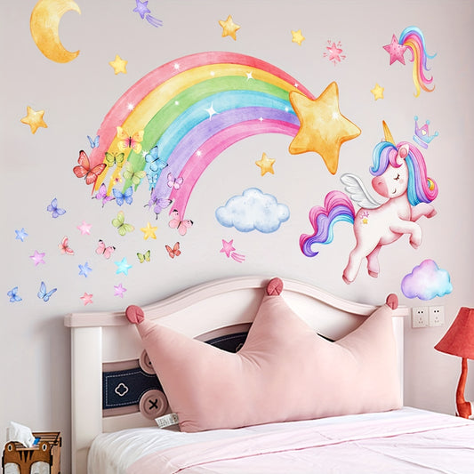 1pc Whimsical Rainbow Unicorn & Butterfly Wall Decals - Vibrant, Self-Adhesive Bedroom Stickers, Easy to Apply, No Power Needed, Perfect for Girls' Room Decor - Topdecheztop.fr