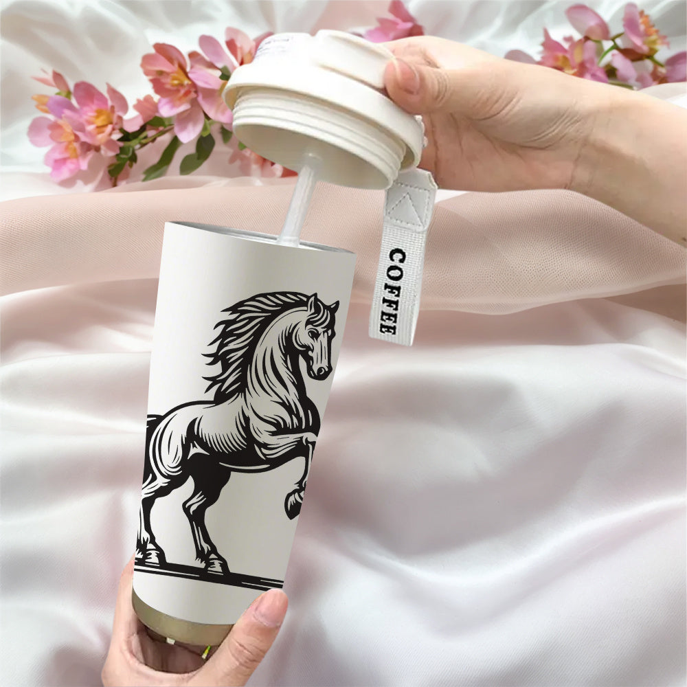 Mug élégant à motif cheval au galop (1 pièce) - Tasse à café isotherme à double paroi en acier inoxydable 316 de 500 ml avec couvercle étanche