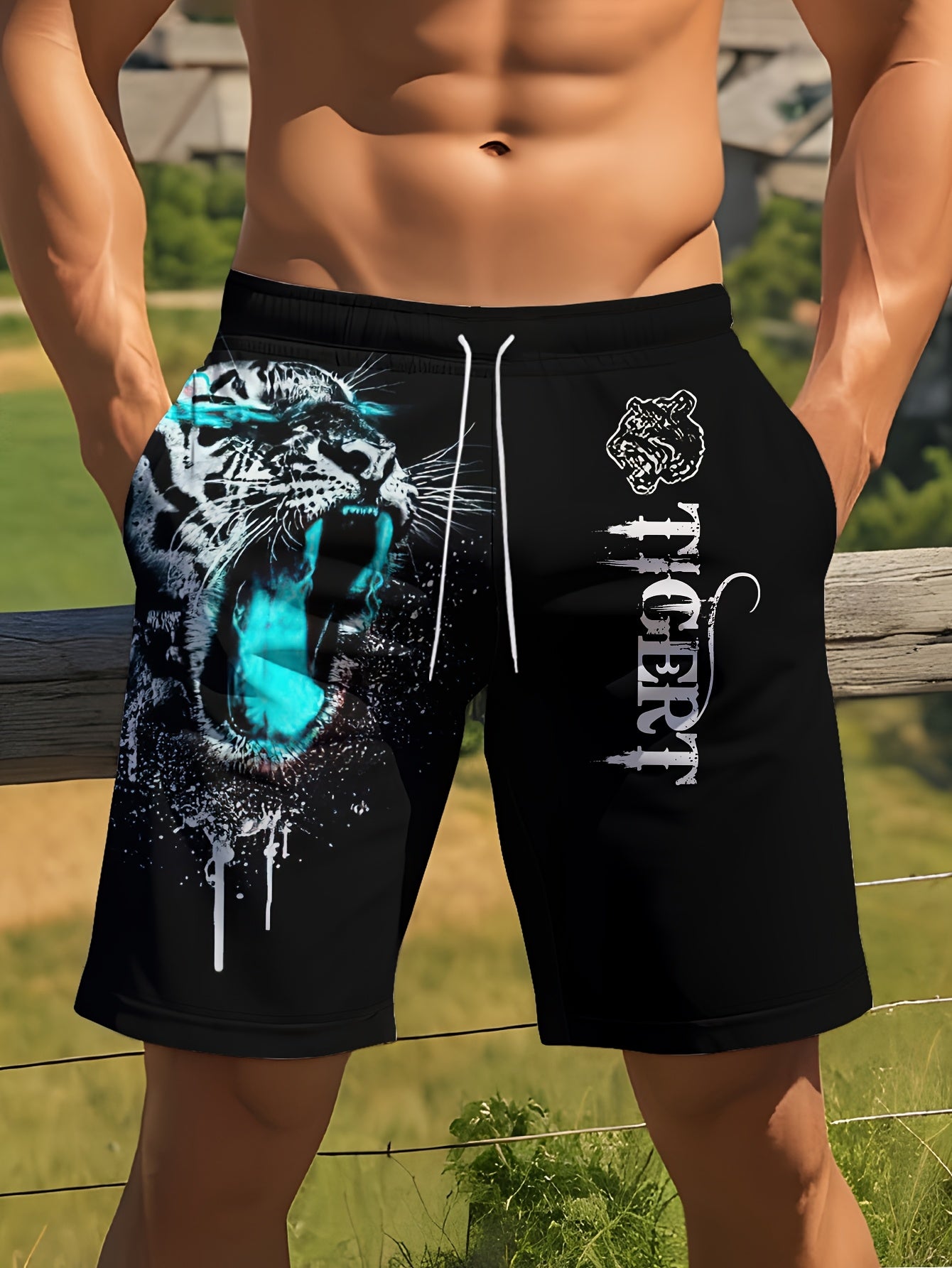 Short de plage d'été pour homme, imprimé animal, motif tigre féroce