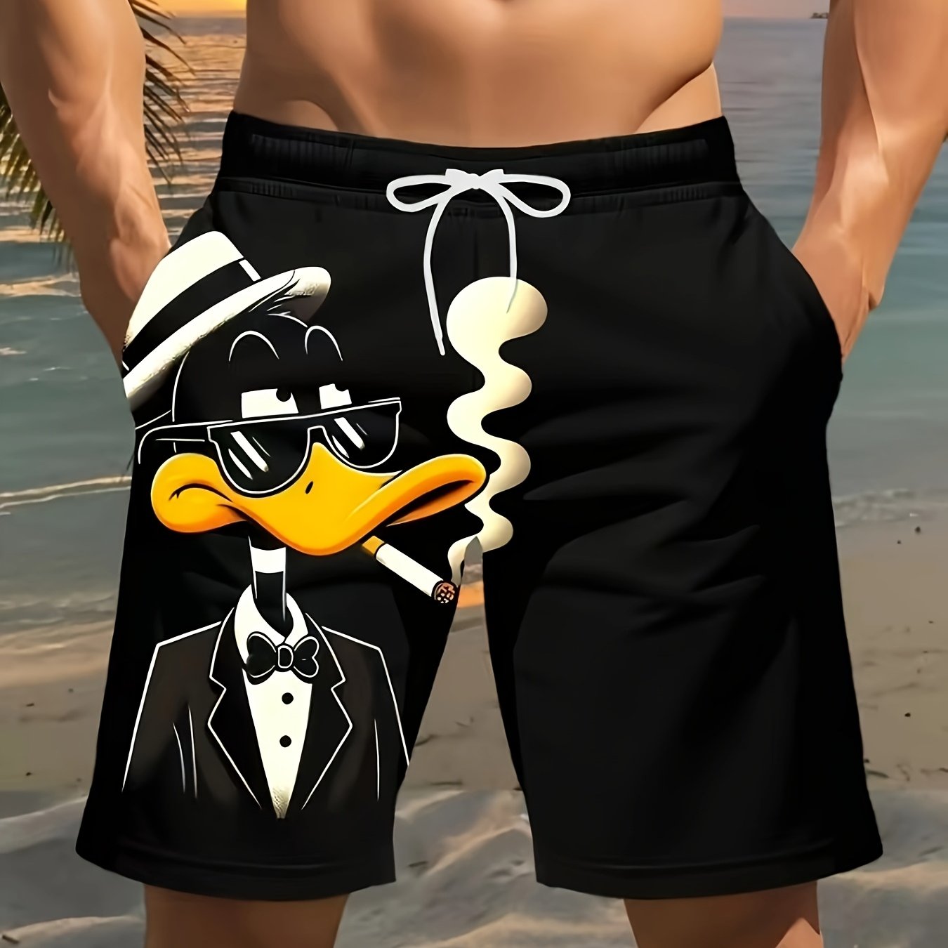 Short de plage homme imprimé canard 3D - Taille ajustable par cordon