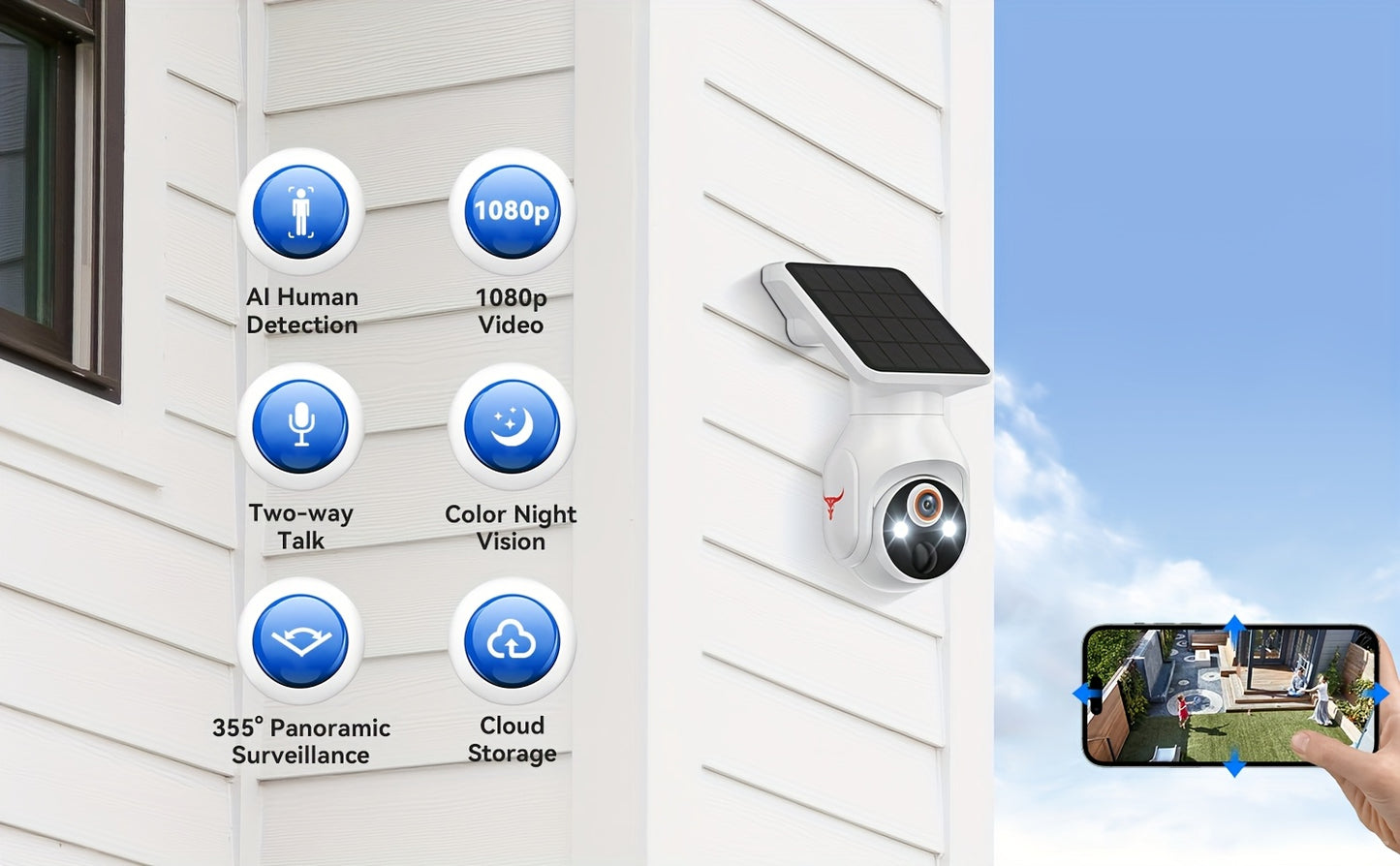 Caméra de sécurité extérieure sans fil avec panneau solaire, caméra WiFi pour la sécurité de votre domicile avec vision nocturne couleur 1080p