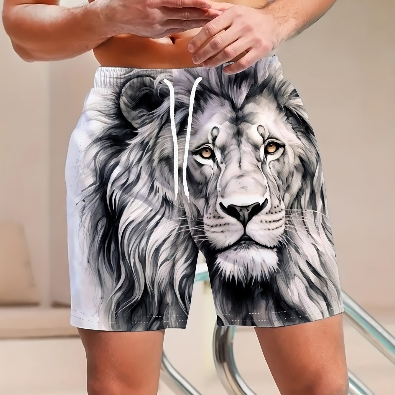 Short de bain homme à imprimé lion fantaisie, style décontracté