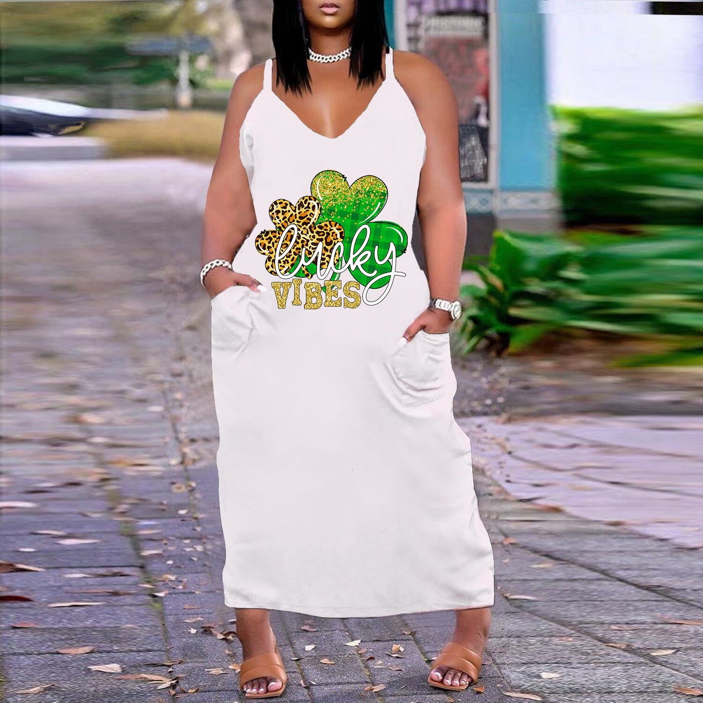 Robe imprimée sexy à col en V, coupe ample et ajustée, grande taille, style européen et américain