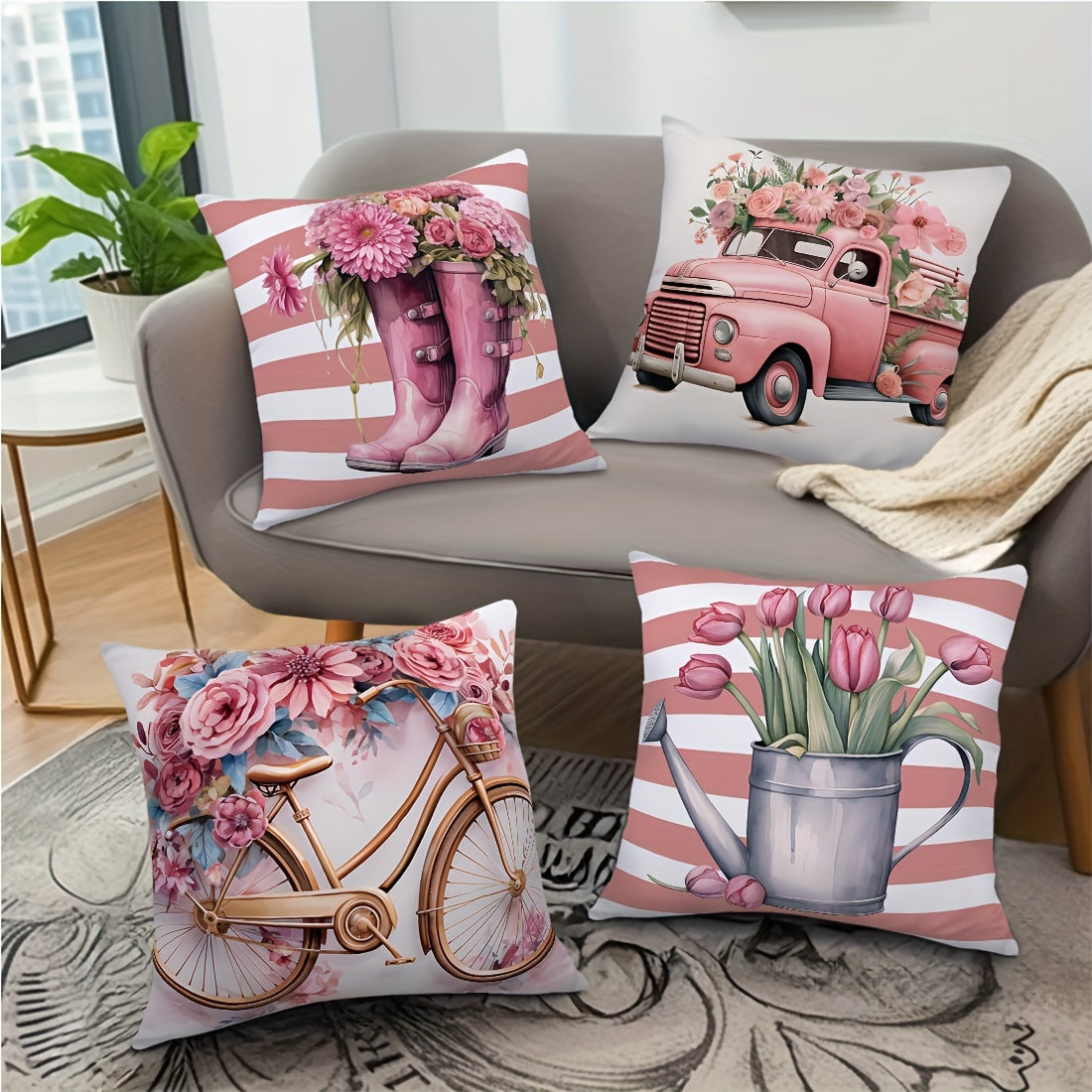 Lot de 4 taies d'oreiller en velours peau de pêche, motif aquarelle rose - Topdecheztop.fr