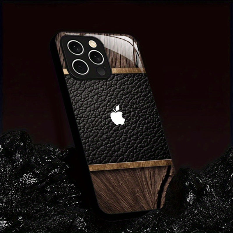 Étui en bois, cuir et verre blanc avec logo Apple pour iPhone