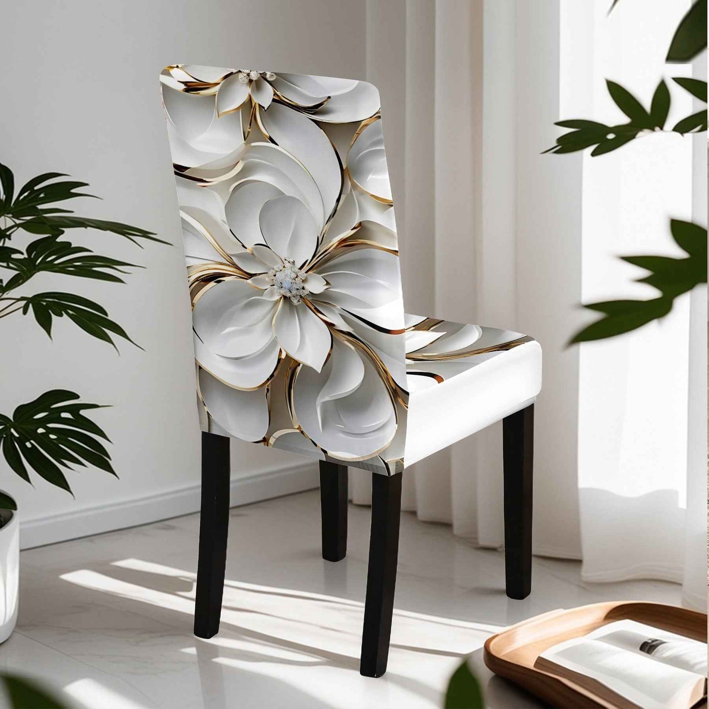 Open : Luxury Platinum Floral Gilded Line Tablecloth Chair Cover Printed 5/7pcs Set (1 Tablecloth + 4 Chair Covers / 1 Tablecloth + 6 Chair Covers) Simple And Noble Tablecloth Chair Cover, Exquisite Flower Pattern Stretch Cha