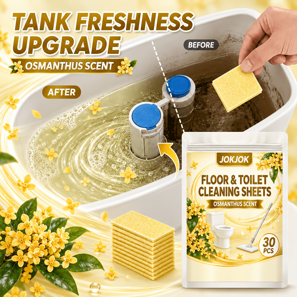 JOKJOK Feuilles de Nettoyage Premium pour Sol et Toilettes 30 pièces, Pastilles de Nettoyage Effaçables Parfumées à l'Osmanthus, Une Feuille par Seau d'Eau, Éliminent les Taches et les Odeurs, Feuilles de Nettoyage Multi-Surfaces pour Carrelage, Parquet, Salle de Bain