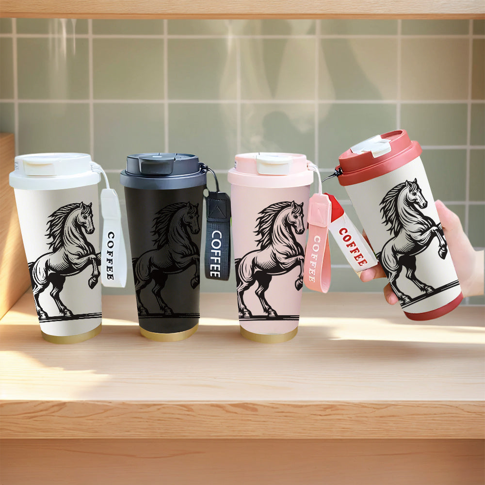 Mug élégant à motif cheval au galop (1 pièce) - Tasse à café isotherme à double paroi en acier inoxydable 316 de 500 ml avec couvercle étanche