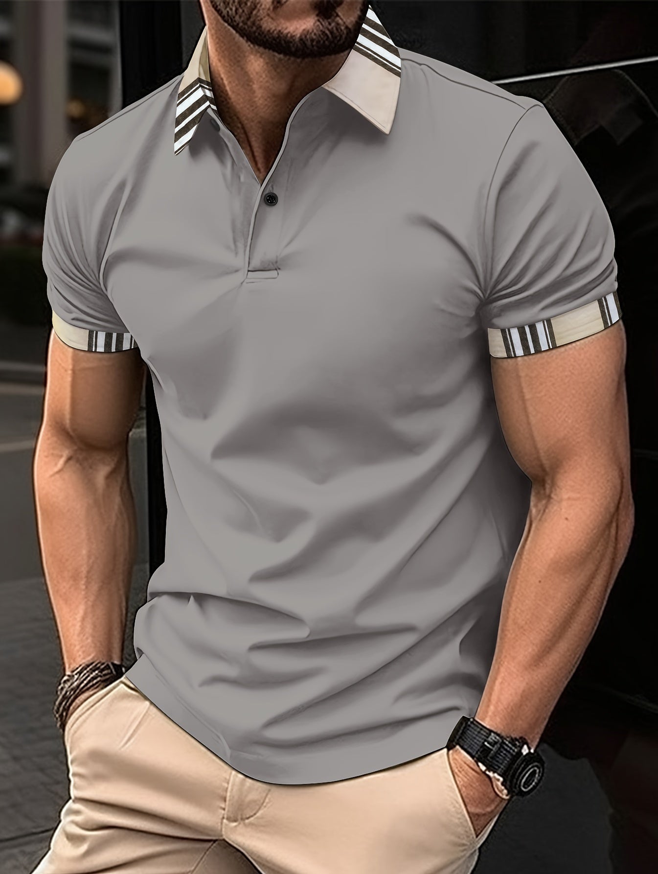 T-shirt à manches courtes, respirant, imprimé à rayures, avec bordure et revers - Topdecheztop.fr