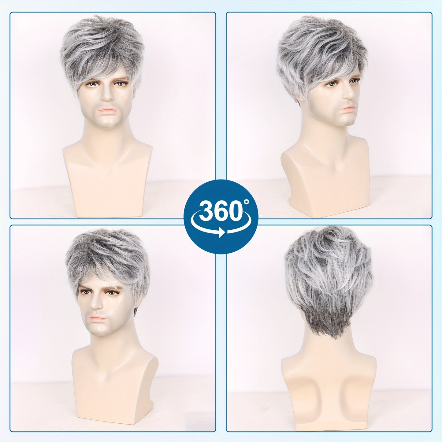 Perruque courte gris argenté pour homme, en fibres synthétiques