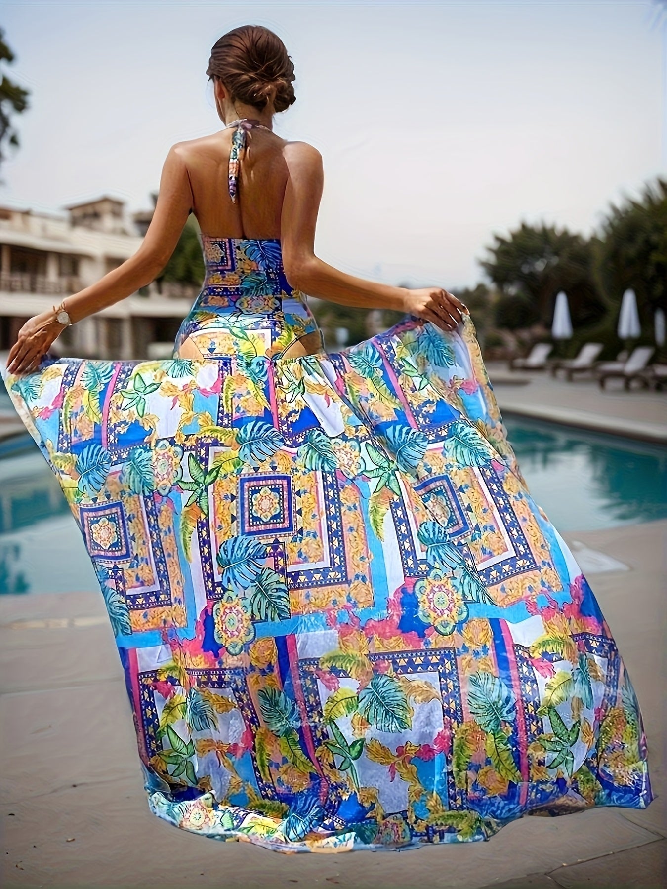 Ensemble plage femme éclatant bleu ciel - Paréo et haut assortis, taille unique
