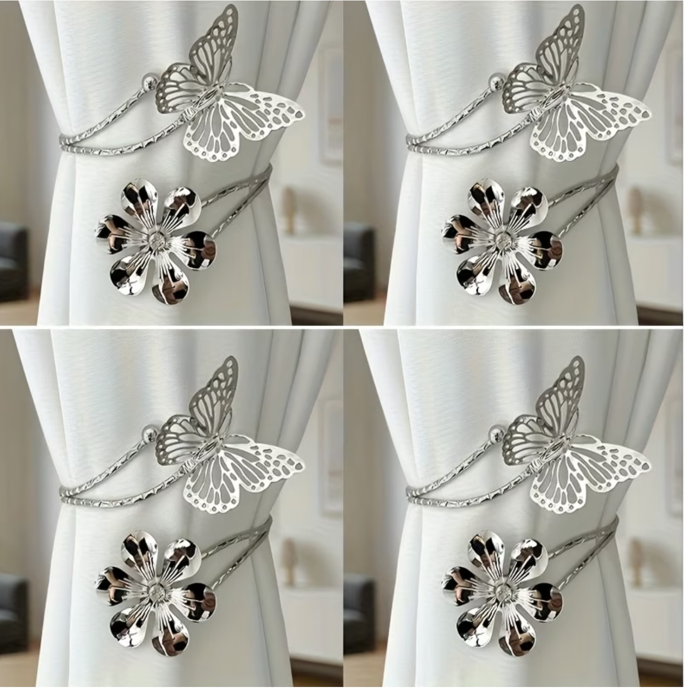 4 pièces attaches rideaux premium en métal avec design floral et papillons ajourés