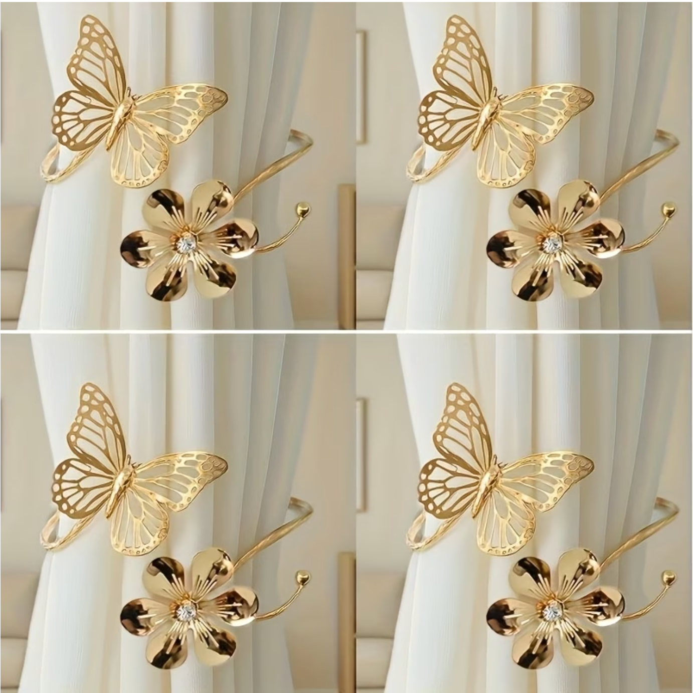 4 pièces attaches rideaux premium en métal avec design floral et papillons ajourés