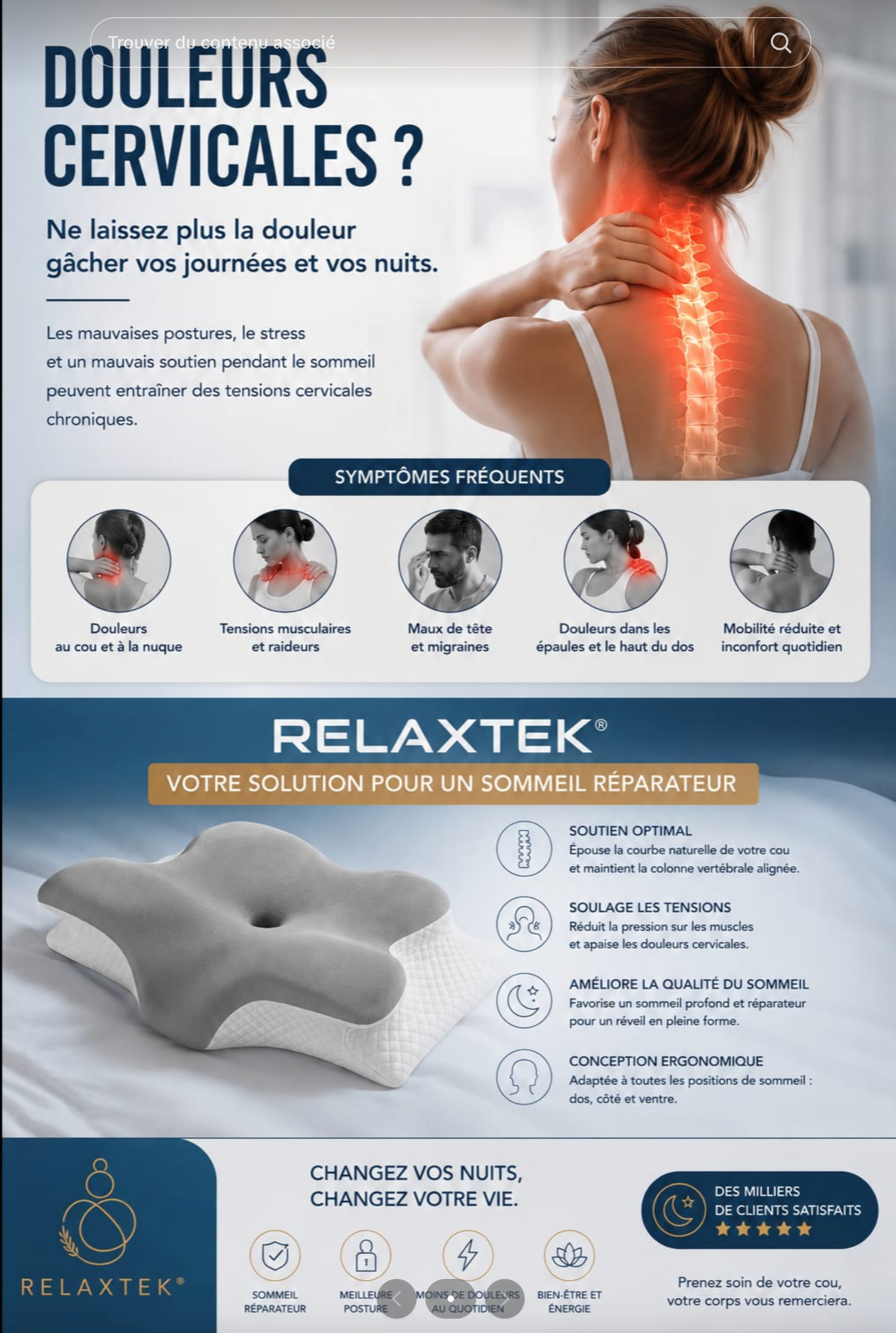 Promo Linge Oreiller Cervical Ergonomique à Mémoire de Forme 2 en 1 – Coussin Orthopédique pour la Nuque, Le Dos et Le Côté – Oreiller Anatomique Respirant avec Housse Lavable.