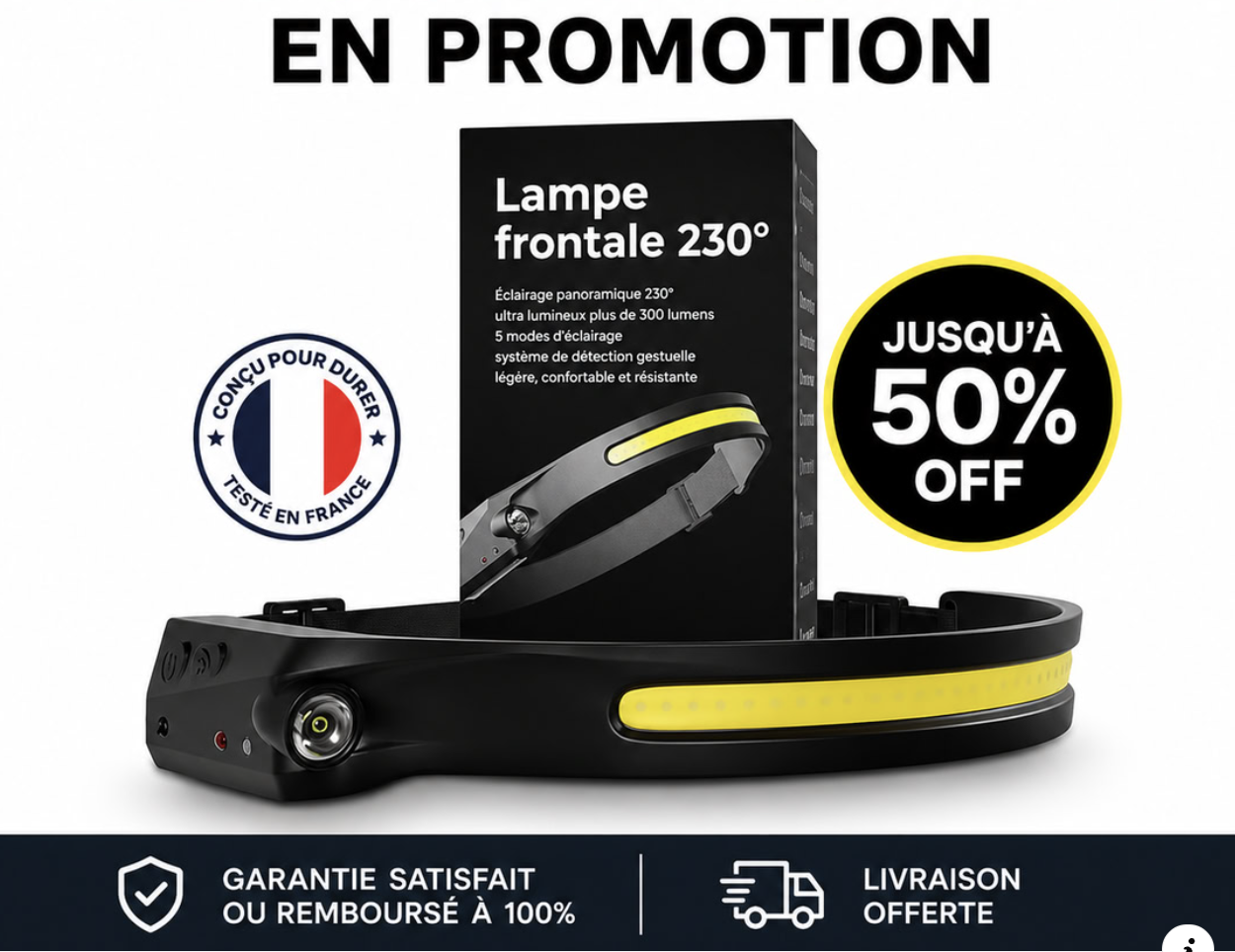 Lampe Frontale LED Rechargeable - 350 Lumens, IP67, 1200mAh, 5 Modes, 4 Coloris