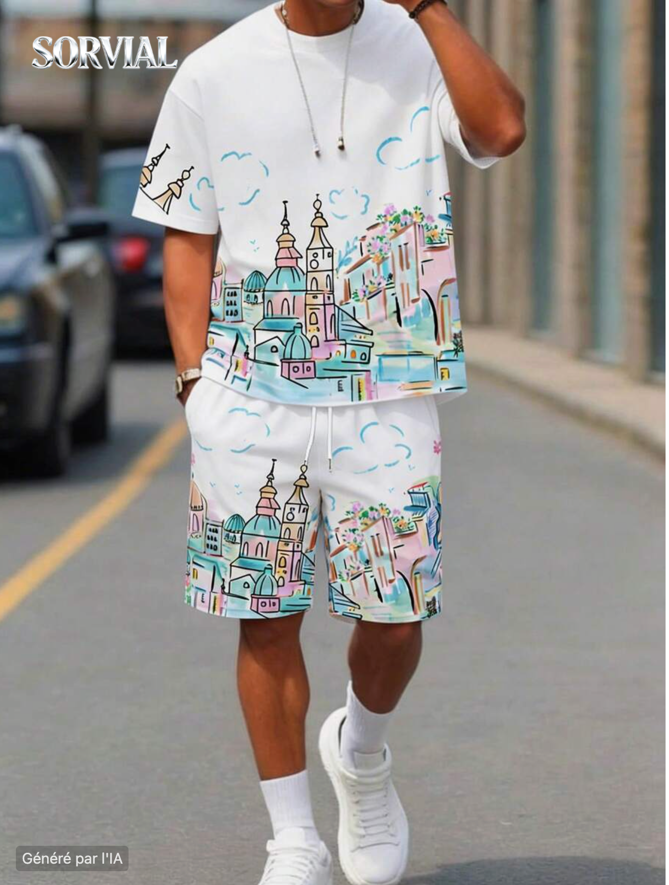 Ensemble 2 Pieces Homme - T-shirt Manches Courtes et Short Imprime Graffiti Ete