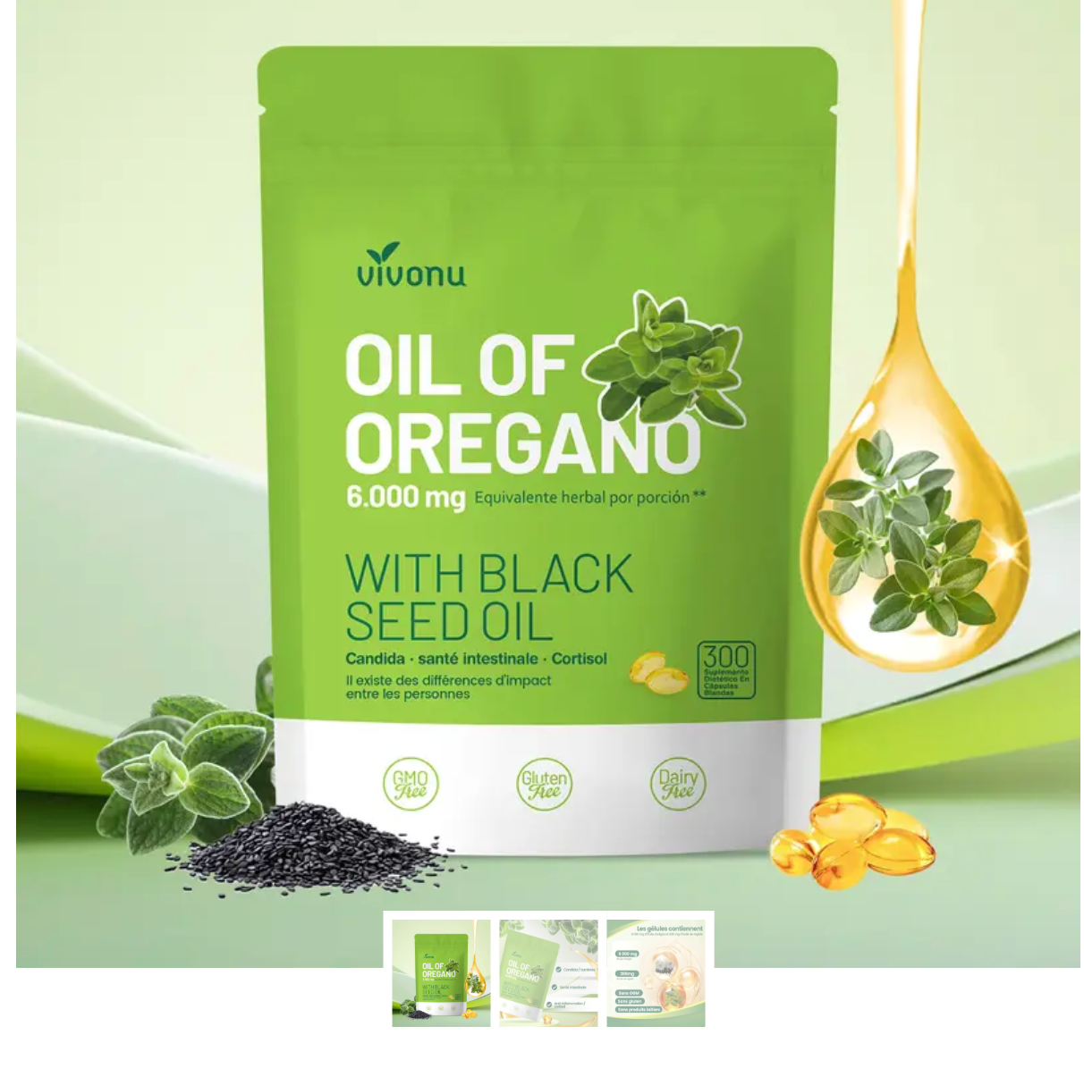 VIVONU Oil of Oregano - Huile d'Origan & Graines Noires - Carvacrol & Thymoquinone - 300 Gélules