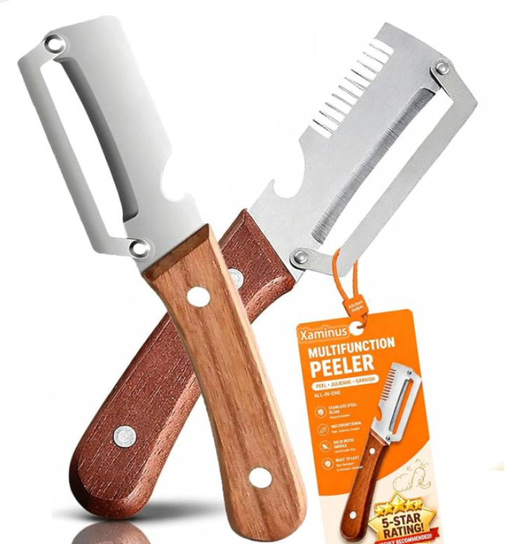 Éplucheur Légumes Multifonction 2-en-1 - Lame Julienne , Manche Bois Ergonomique