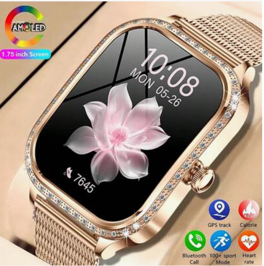Montre Connectee Femme Diamant AMOLED 1,75 Pouces Bluetooth Cardiaque Voix AI