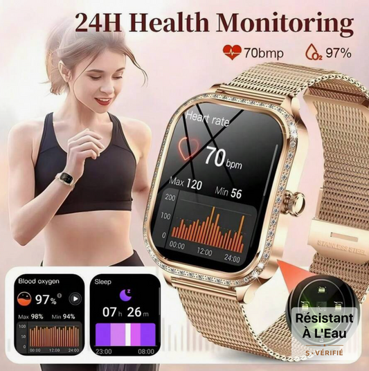 Montre Connectee Femme Diamant AMOLED 1,75 Pouces Bluetooth Cardiaque Voix AI