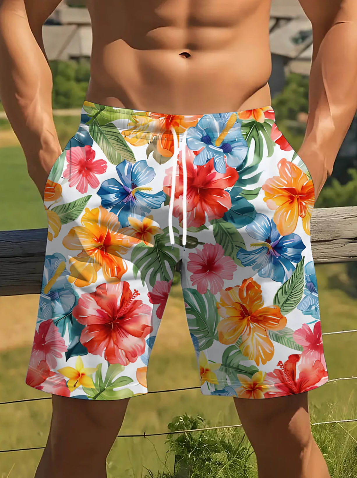 Shorts Homme Hibiscus Hawaïen - Imprimé Floral Aquarelle