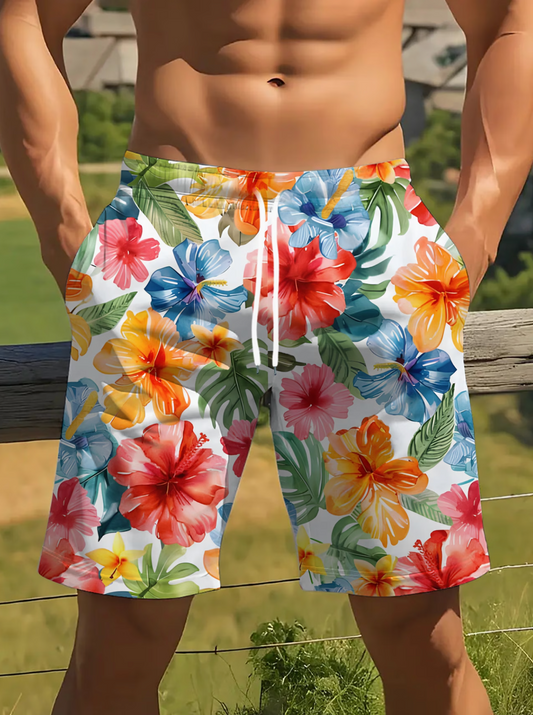 Shorts Homme Hibiscus Hawaïen - Imprimé Floral Aquarelle