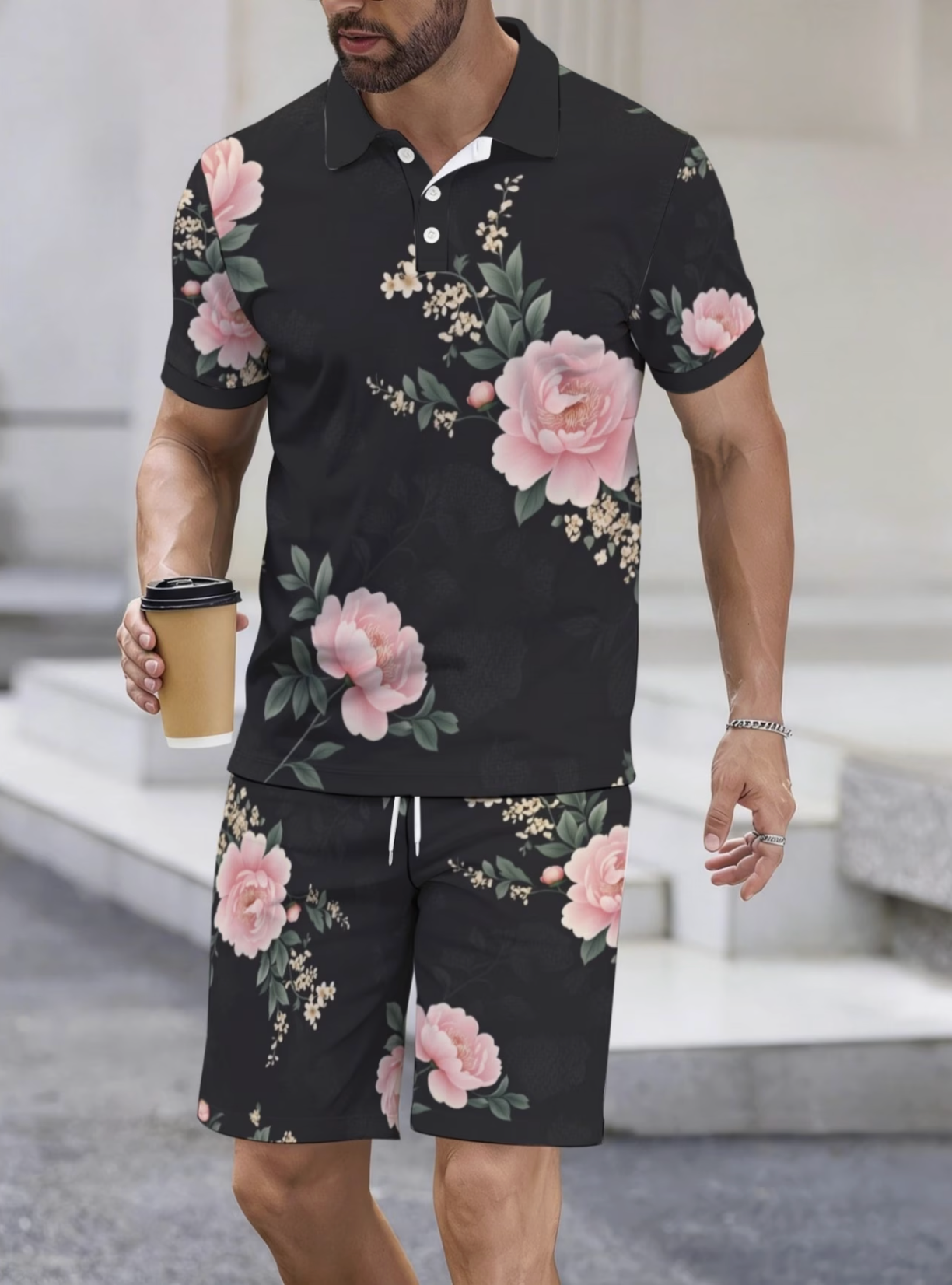 Ensemble Polo et Short pour Homme, Imprimé Floral