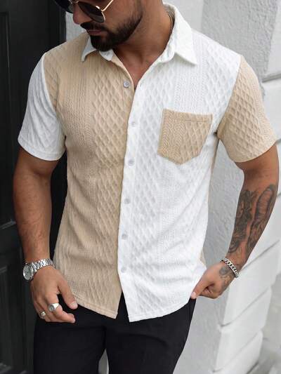 Chemise Homme Manches Courtes Texturee Bicolore - Casual Modern, Epaules Tombantes, 11 Coloris, S-XXL