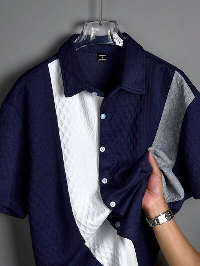 Chemise Homme Manches Courtes Texturee Bicolore - Casual Modern, Epaules Tombantes, 11 Coloris, S-XXL