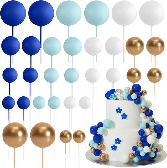 Lot de 32 mini ballons en mousse bleu doré pour décoration de gâteau, pour fête de mariage, anniversaire