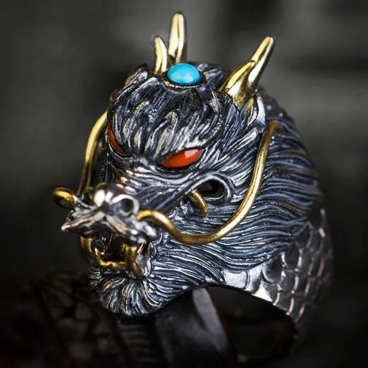 Bague tête de Dragon maléfique rétro ethnique pour hommes